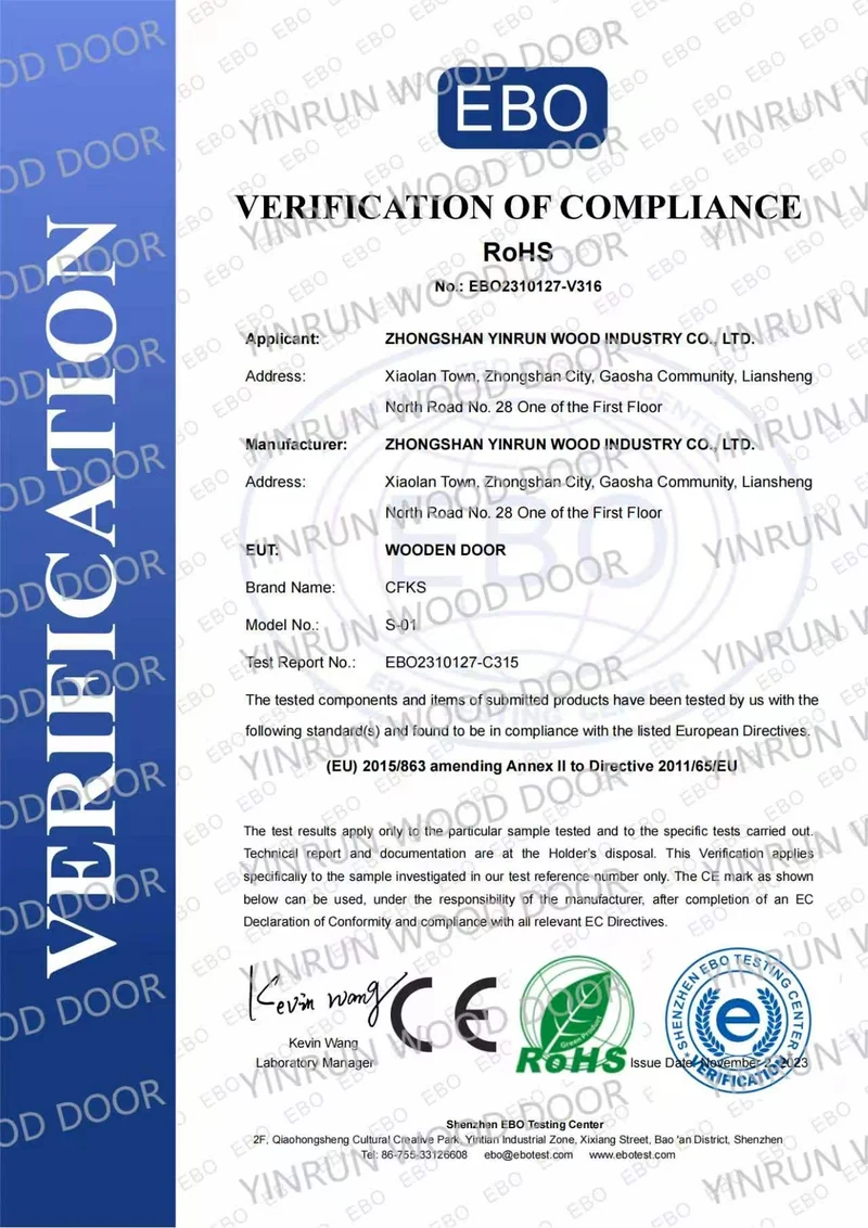 EBO Verification of Compliance · RoHS · Wooden Door · CFKS S-01