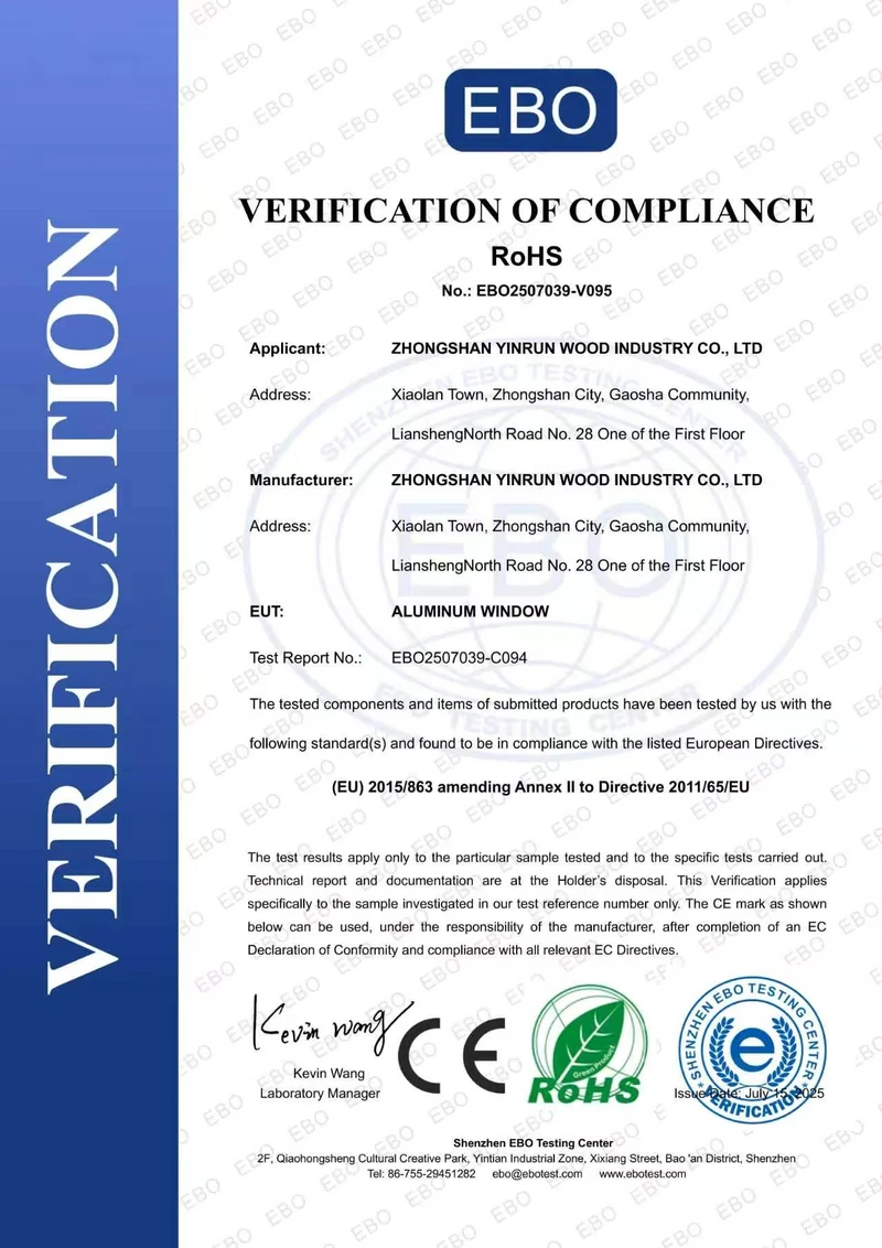 EBO Verification of Compliance · RoHS · Aluminum Window